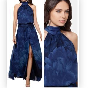 Betsy & Adam A24822P Halter Mock Neck Front Slit Floral Blouson Maxi NWT $220